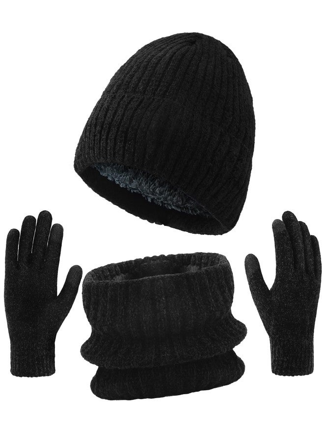 Tavaleu Winter Beanie Hat Scarf Gloves Touchscreen Gloves Skull Cap Gloves Neck Warmer Set with Fleece Lined, Black New 2025 - Image 1